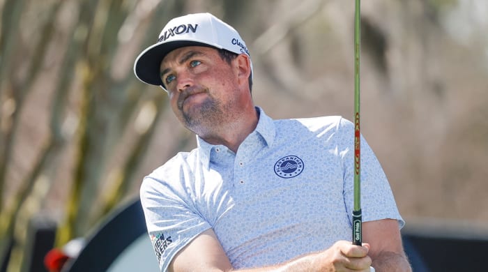 Keegan Bradley hits his drive on the tenth tee during the first round of the Arnold Palmer Invitational golf tournament.